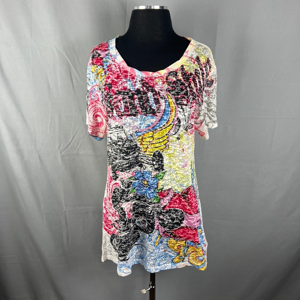 Kavio! Shirt Dress Womens XL Multi Art Collage Cotton Short Sleeve Scoop Neck